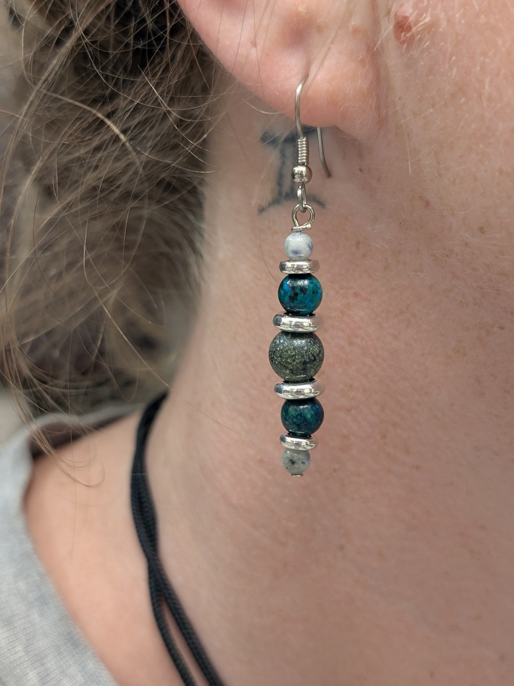 Handmade African Jasper and Silver Beaded Dangle Earrings - Women's Jewelry